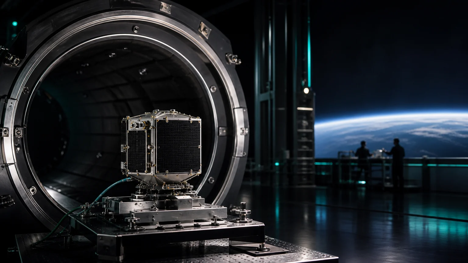 A compact satellite test article beside an open thermal-vacuum chamber, with Earth visible beyond