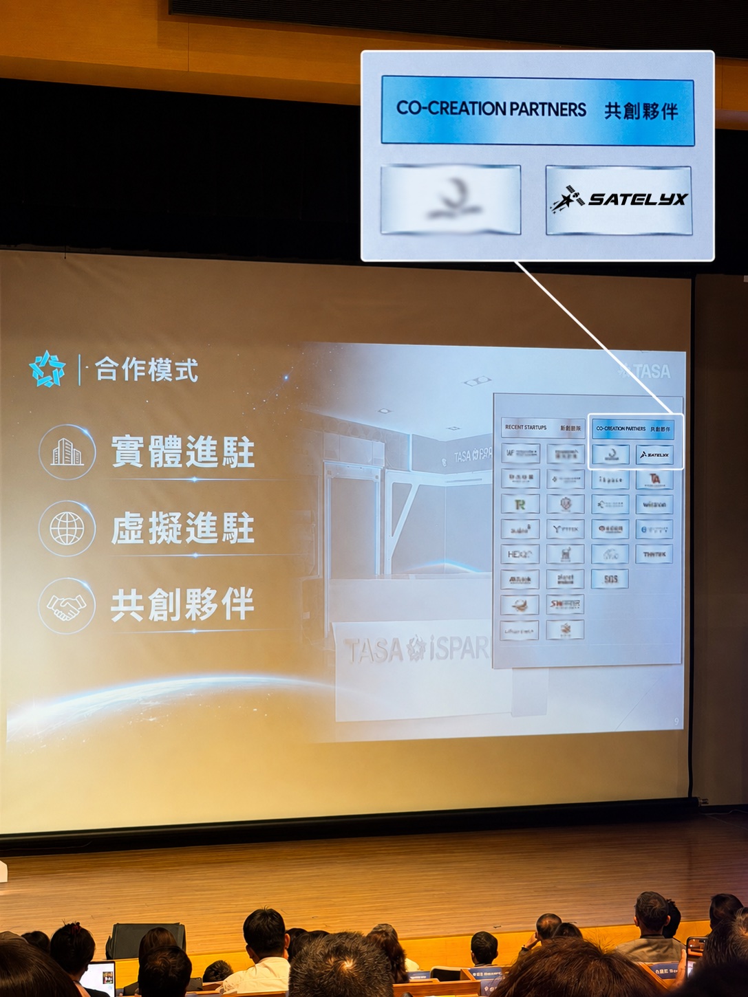 TASA iSPARK’s engagement model slide at the opening ceremony, showing the three tiers 實體進駐, 虛擬進駐 and 共創夥伴, with the resident startup cohort and SATELYX listed under CO-CREATION PARTNERS 共創夥伴